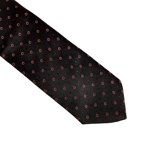 Pauline Trigere Vintage Tie Black Red Gray Dot Pattern Silk Blend Geometric - Picture 1 of 5